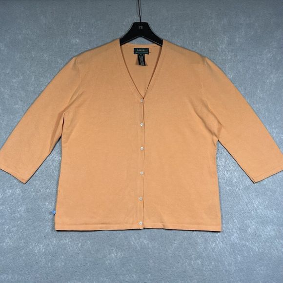 Lauren Ralph Lauren Cardigan Womens XL Peach Orange 3/4 Sleeve Knit Sweater - Picture 1 of 8